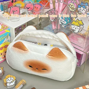 Japanese Style Cute Toast Cat Plush Pencil Case for Kids Back to School Study Stationery