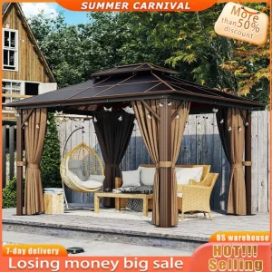 10′ x 10′ Gazebo Single Polycarbonate Top, Outdoor Polycarbonate Frame Permanent Pergolas with Curtains and Netting, for Patios