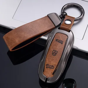 Tesla Model 3 Model S Model Y Model X Smart Remote Key Fob Protector Case Cover Holder Made of Premium Leather and Zinc Alloy