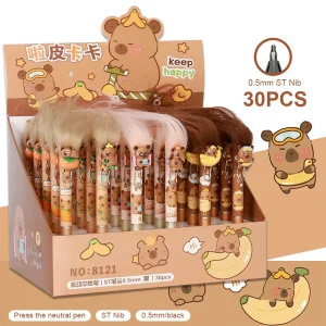 Kawaii Random 1PC Gel Ink Pen Office Stationery, Cartoon Cute Frying Hair Capybara Design, Stainless Steel Tip, Suitale for Back to School Students