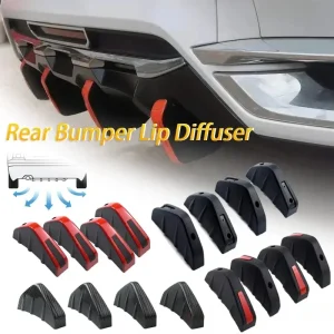 Universal Carbon Fiber Rear Bumper Diffuser Spoiler Lip with Anti-Collision Protection for Car Modified Rear Bumper in Black and Red ABS Material