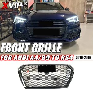 2016-2019 Audi A4 S4 B9 Front Bumper Upper Grille to RS4 Style High Glossy Black Honeycomb Mesh Replacement Kit