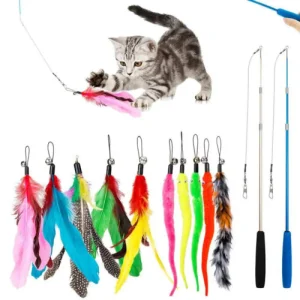 Interactive Cat Toy Set with 12Pcs Replacement Feathers and Teaser Wand for Kitten Training and Playing