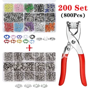 200 Piece Mixed 9.5mm Hollow Metal Five-Claw Snap Fastener Button with Easy-Use Plier Tool Set for Sewing Crafts, Leather Goods, Clothing, and Accessories