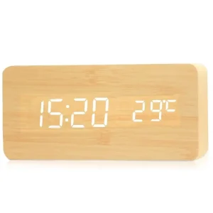 Wooden USB Alarm Clock with LED Display Dimmable Brightness 3 Level Adjustable Time Temperature for Bedside