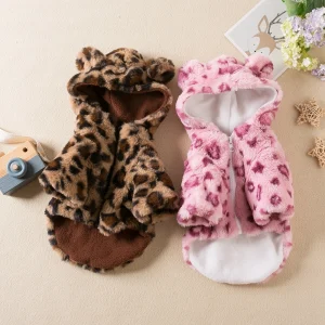 Warm and Comfortable Pet Fleece Leopard Design Dog Coat Hoodie Jacket for Autumn and Winter Small Dog Pets Costume