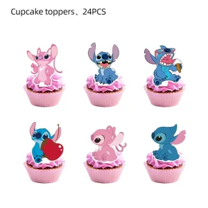 Stitch Angel Disney Inspired Birthday Party Decor Balloon Cake Kits with Pulling Balloons and Flag Insertions Spiral Set Supplies