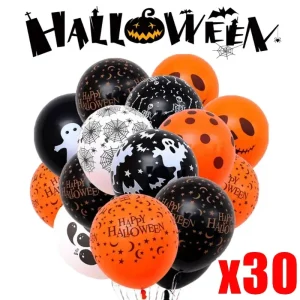 30 Pieces Halloween Party Decoration Latex Balloon with Pumpkins, Skeletons and Ghosts in Orange and Black Colors