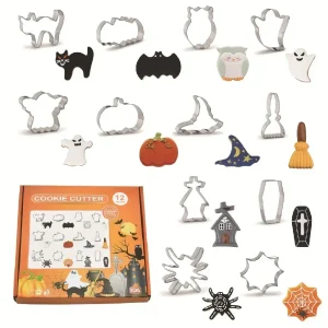 12 Piece Halloween Cookie Cutters Set Stainless Steel Cartoon Shapes for Baking Bat, Ghost, Pumpkin and More