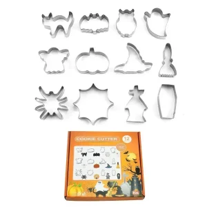 12PCS Stainless Steel Halloween Cartoon Cookie Cutters Kit with Bat Shape and Other Spooky Designs for Baking and Decorating