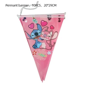 Pink Interstellar Stitch Angel Themed Party Decorations Supplies with Pulling Balloon and Cake Flag Insertion Spiral Set