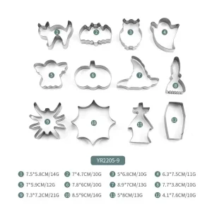 Halloween Stainless Steel Cartoon Cookie Cutters Set 12PCS Includes Bat, Cat, Pumpkin for Kitchen Baking