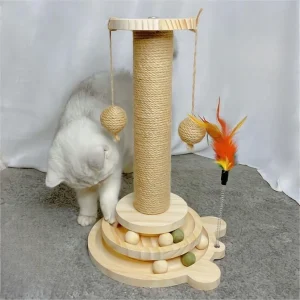 Interactive Cat Scratching Post Tower with Teaser Stick and Durable Sisal Board