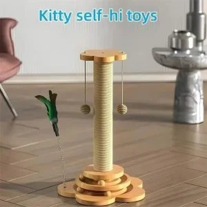 Interactive Cat Scratching Post Tower with Teaser Stick and Durable Sisal Board