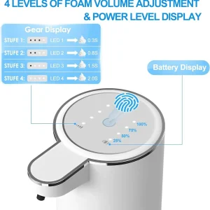 Touchless Automatic Foaming Soap Dispenser 380ml USB Rechargeable Electric Hand-Free Dish Soap Dispenser with 4 Adjustable Foam Levels for Bathroom