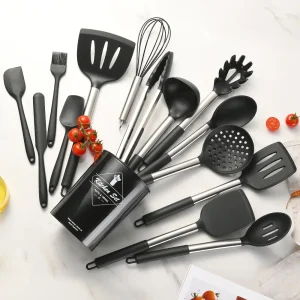 12 Piece Silicone Kitchen Tool Set Food Grade Non-Toxic Cookware Utensil Set with Measuring Spoons Spatula Turner Whisk