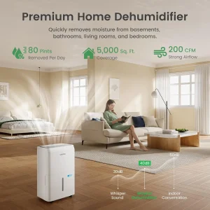 Waykar Large Room Energy Efficient 80 Pint Dehumidifier with Auto Shut Off, Overload Protection, Continuous Drainage and 24 Hour Timer, Suitable for Areas up to 5000 Square Feet with High Humidity Levels