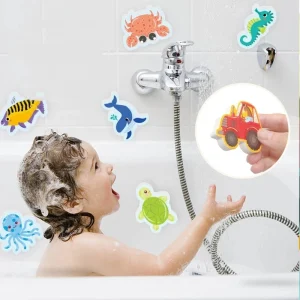 Cognitive Bath Play for Babies and Toddlers – EVA Foam Animal Toys with Adhesive Bathroom Wall Stickers for Kids