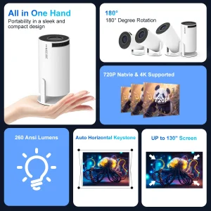 Magcubic 4K Native 1280x720P Android 11 Mini Projector with 260 ANSI 180° Flexible Projection and Dual Wifi 6 for Home Cinema Outdoor Movie Nights