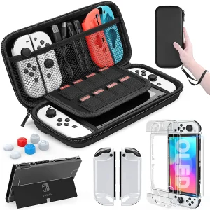 Nintendo Switch Carrying Case Kit with 9 in 1 Accessories – Screen Protector, Thumb Grips and Joy-Con Covers for 2021 OLED Model Console