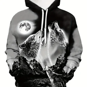 Millennium Men’s Wolf 3D Graphic Hoodie Pullover Streetwear Top Casual Clothing