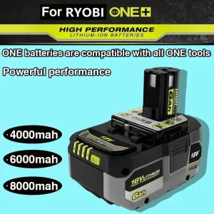 High Capacity RYOBI ONE+ 18V 8.0Ah 6000mAh Lithium-ion Cordless Battery Power Tool Battery Pack Compatible with 18 Volt ONE+ Tools P104 P107