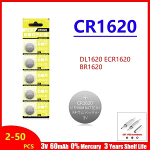 60mAh 3V CR1620 Lithium Battery 16mm x 2.0mm Coin Cell Batteries for Watches Toys and Electronic Devices